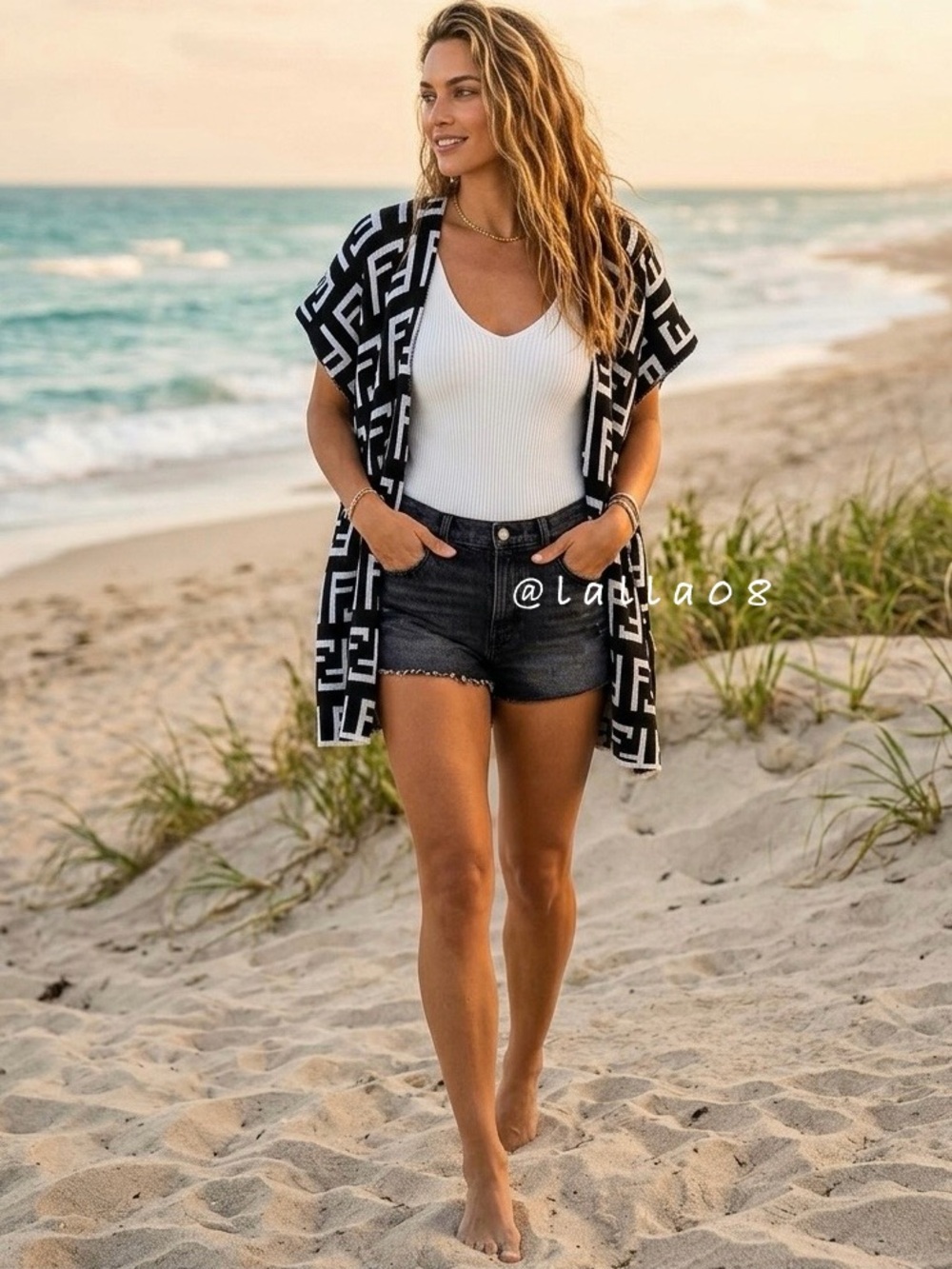 Black and White Open Front Sweater Cardigan